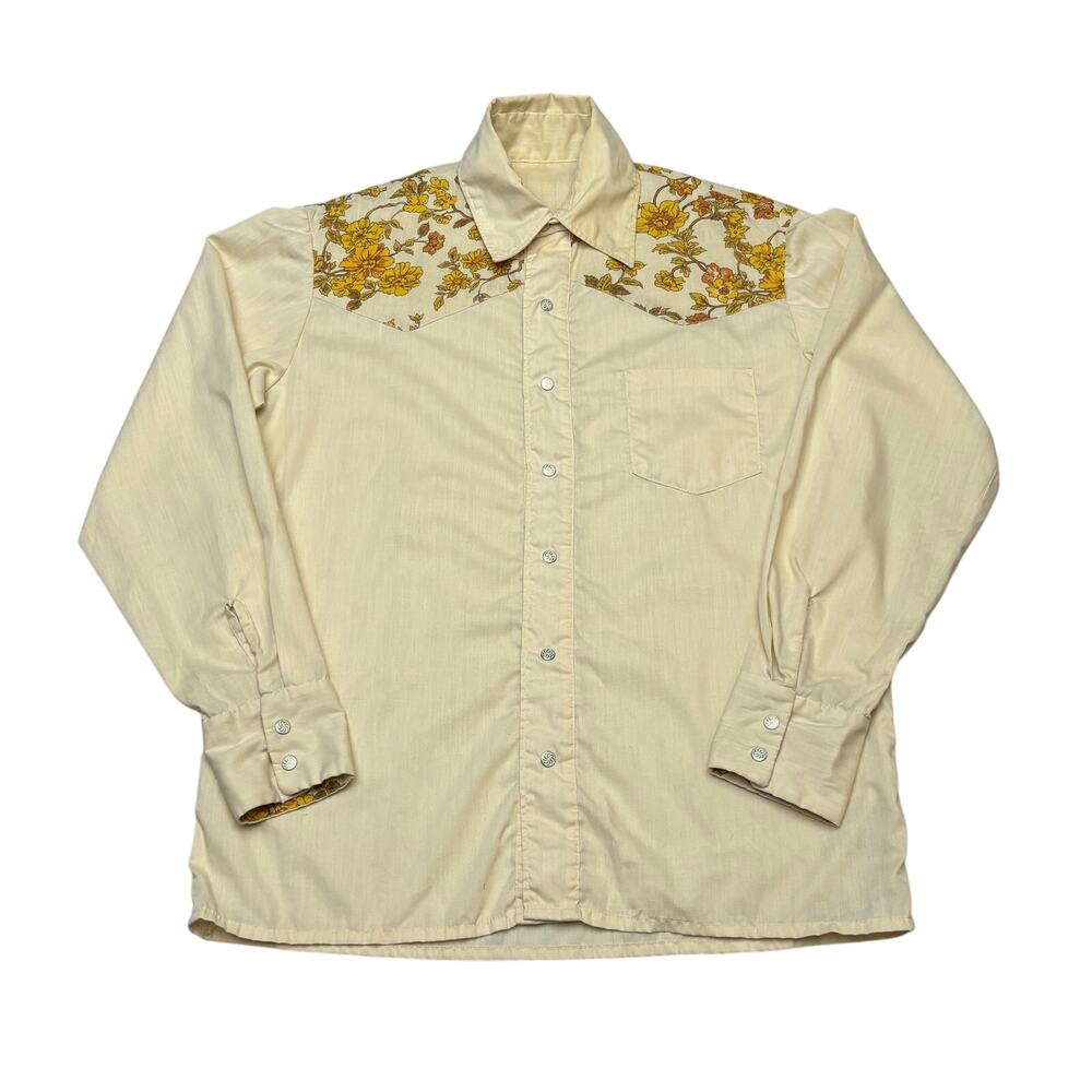 Vintage 70s Cowboy Western Shirt Floral Printed Yoke Pearl Snap Mens M